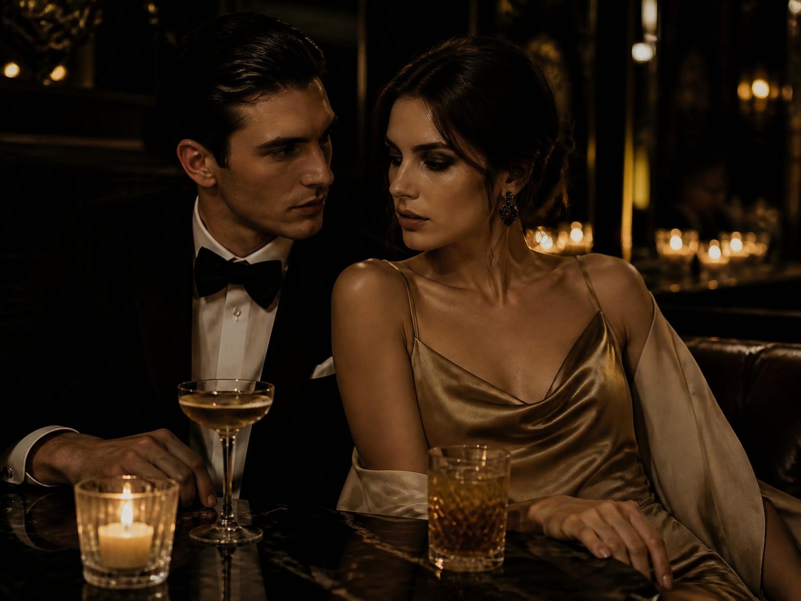 A couple sharing a quiet candlelit evening at a hotel bar